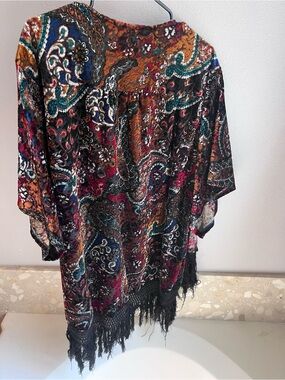 Wrangler Multicolor Velvet Paisley Open Cardigan with Black Fringe